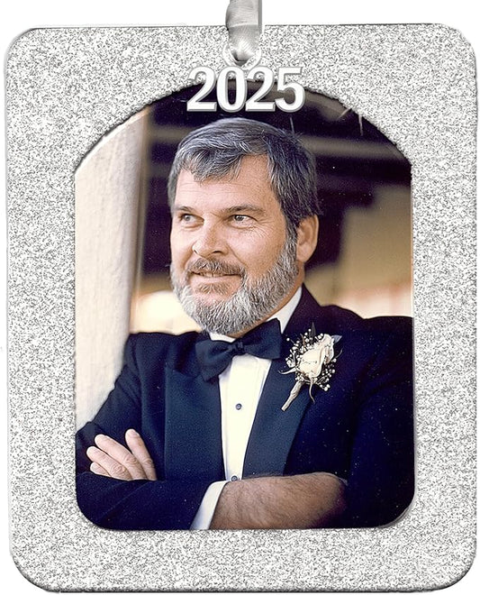 2025 Photo Ornaments for Christmas Tree, Sparkly Glitter Christmas Frame Ornament, Easy-Load Magnetic Design, Includes Satin Ribbon, Silver Charm & Photo Protector, Vertical, Silver