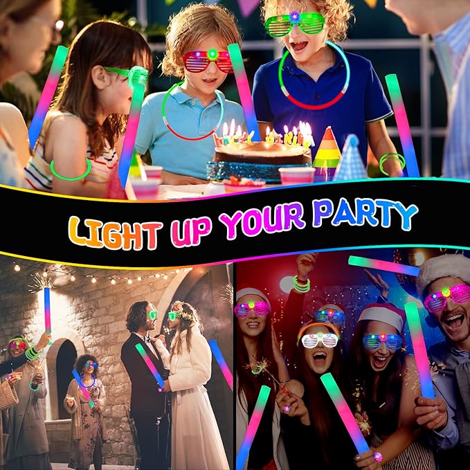 yuzshin 272PCS Glow in the Dark Party Supplies, Glow Sticks Bulk Party Pack, 24PCS Foam Glow Sticks, LED Glasses, LED Light Up Rings and 200PCS Glow Stick for Neon Party Decorations, Wedding