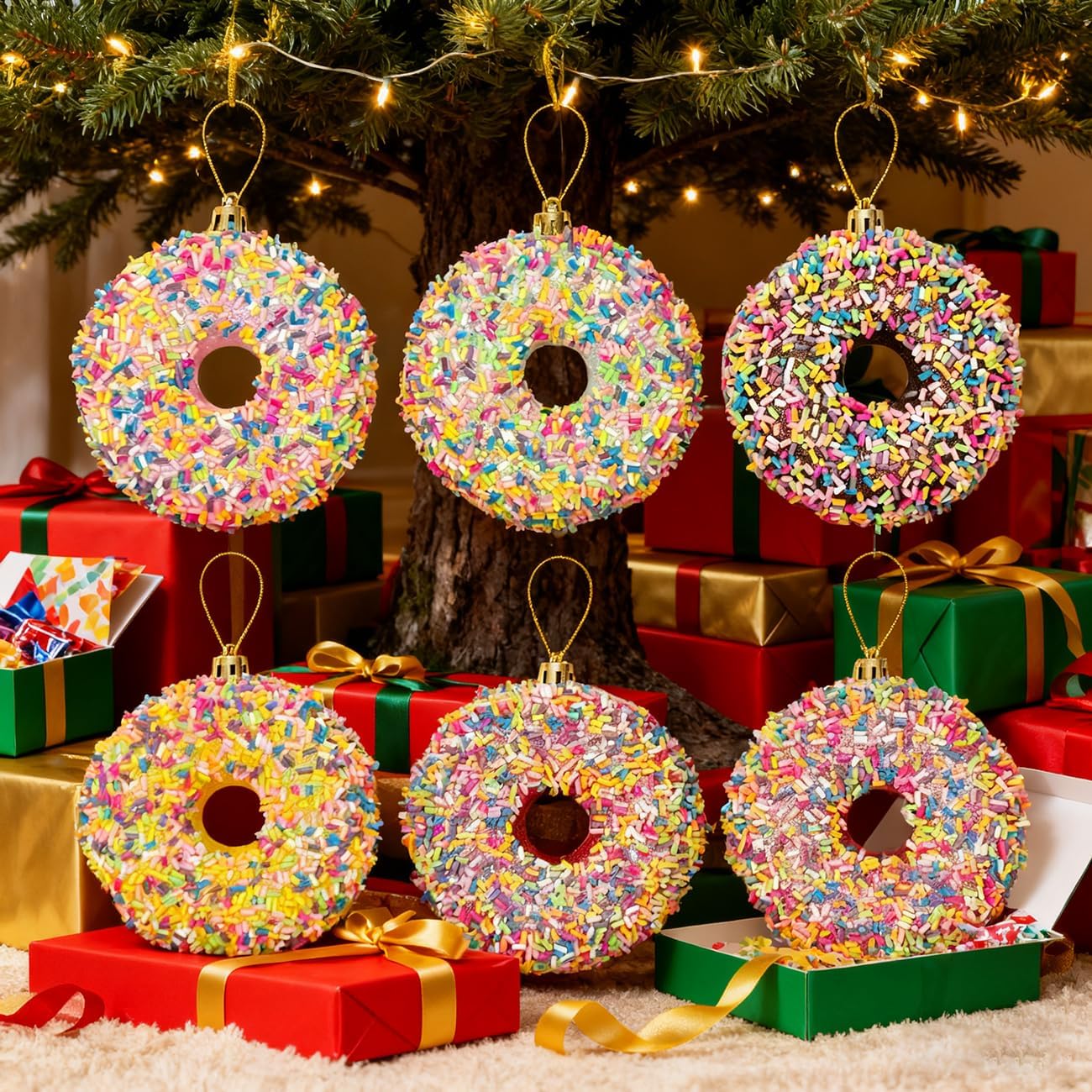 LANGXUN 6pcs Donut Candy Land 2025 Xmas Birthday Party Wedding Suppiles Decoration, Hanging Candy Cane Christmas Tree Décor, Christmas Decorative Hanging Ornaments Crafts