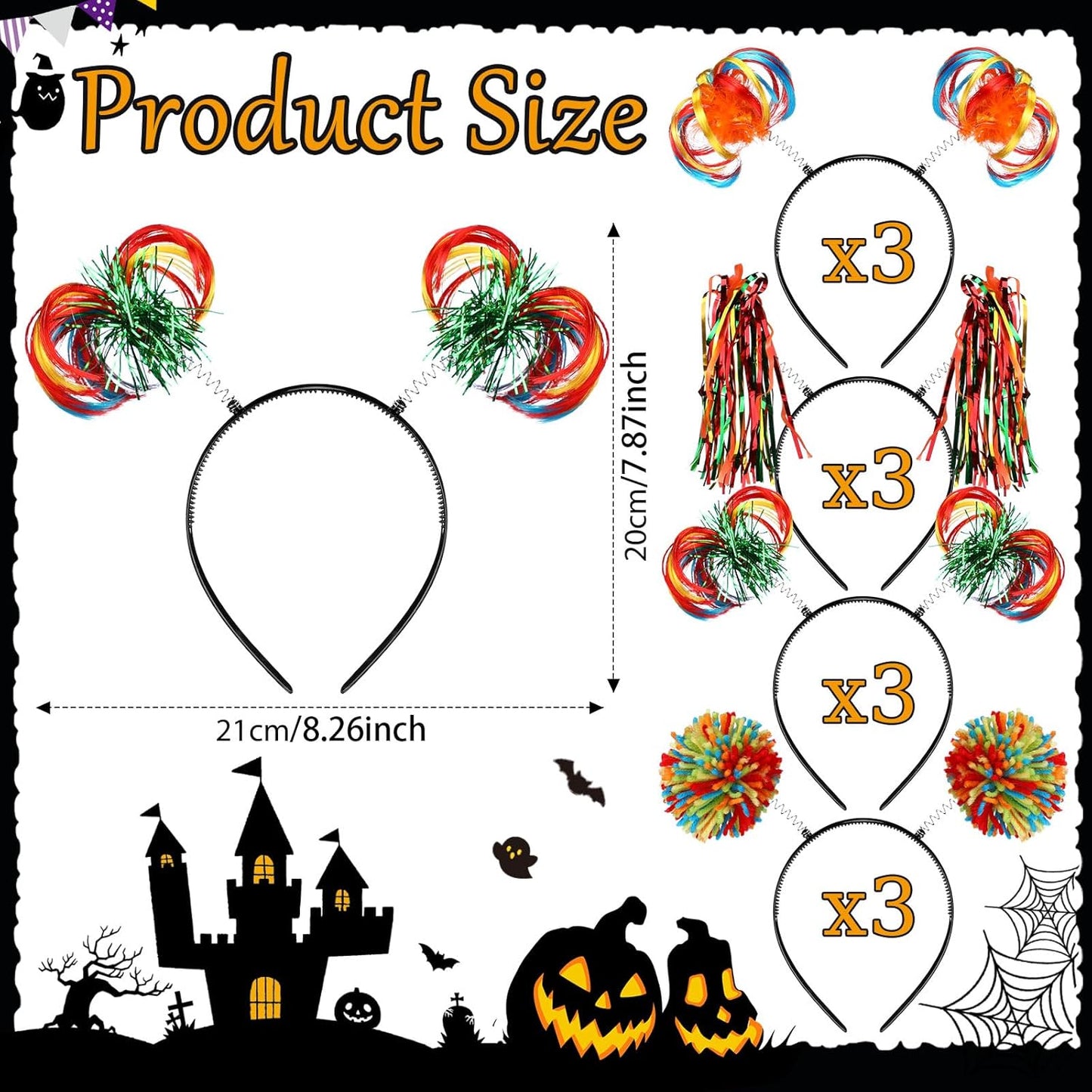 Censen 12 Pcs Halloween Pom Pom Party Headbands Tinsel Ponytails Spirit Head Bopper Headwear for Christmas Birthday Holiday