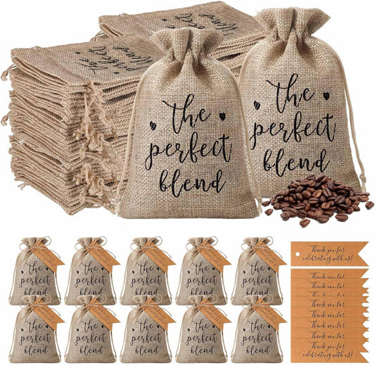Fumete 25 Sets Wedding Coffee Party Favors for Guests the Perfect Blend Coffee Bean Bags Kraft Thank You Cards Organizer Reusable Burlap Bag and Twine Bridal Shower Souvenirs Gift, No Beans