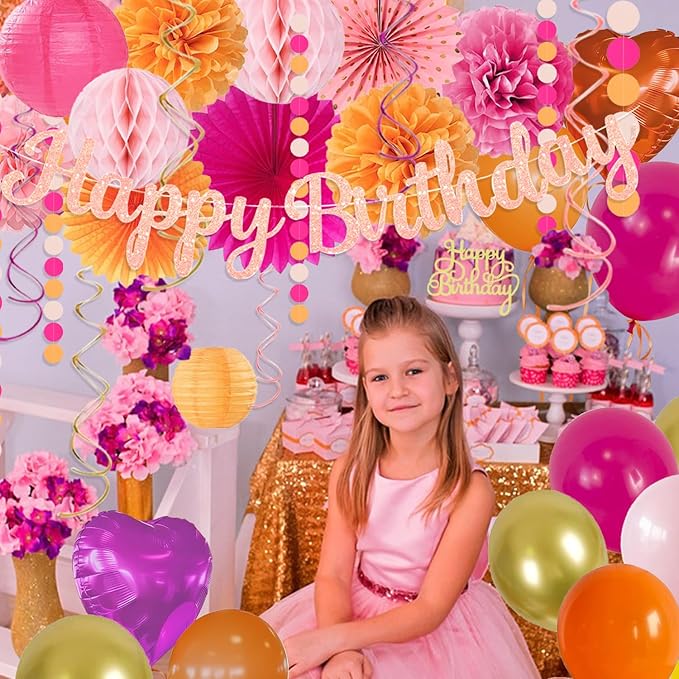 Hot-Pink Orange Birthday Decoration for Women Girl, Fall Peach Burnt-Orange Gold Balloon Décor-Happy Banner, Streamers Lanterns Honeycomb, Tissue Flowers Pom Poms Fan, Boho Sunset Autumn Party Décor