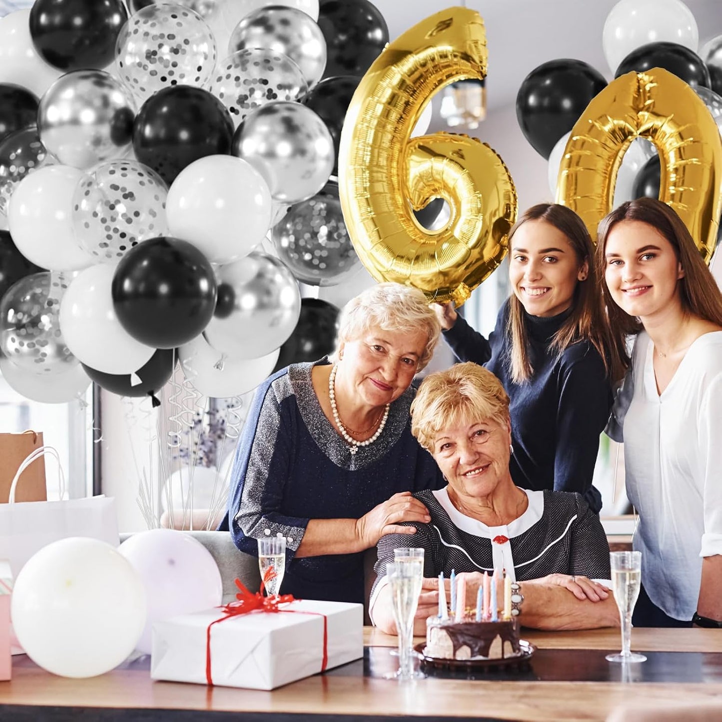 100pcs Black White Silver Balloon Kit - 12 Inch Metallic Silver Black White Confetti Balloons for New Year Eve Party Anniversary Birthday Graduation Decorations (66ft Ribbons)