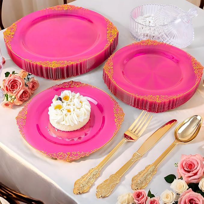 125PCS Hot Pink Plastic Plates - Clear Pink Gold Disposable Plates - Hot Pink Party Plate with Gold Plastic Silverware Set for 25 Guests for Wedding Party Birthday Valentine's Day