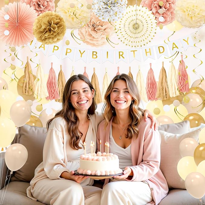 Champagne Gold Fall Boho Birthday Decorations for Women Girls Beige Cream Neutral Party Decorations Happy Birthday Banner, Balloons, Tissue Pom Poms, Paper Fans Streamers Party Decor