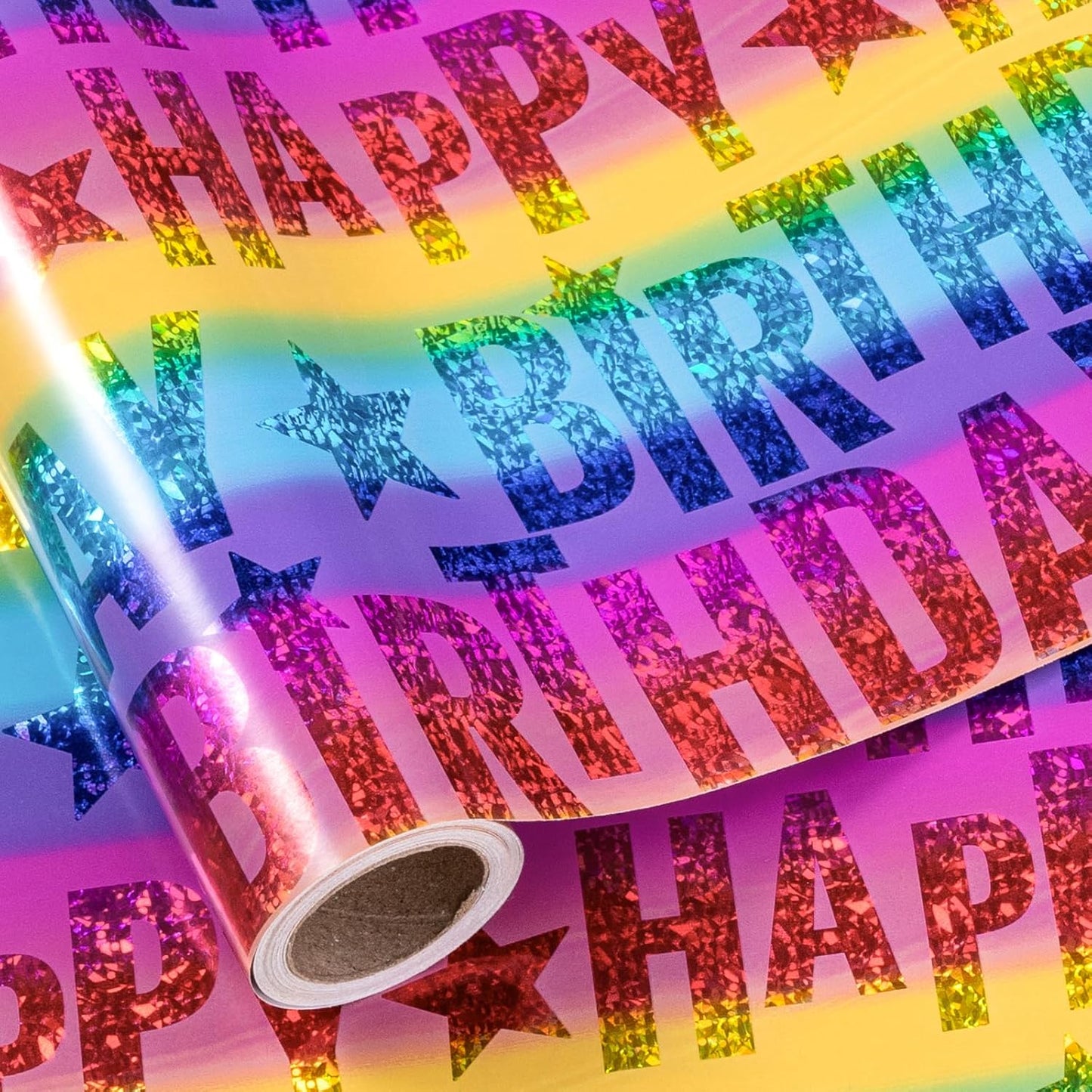 LeZakaa Holographic Birthday Wrapping Paper Roll, Happy Birthday Lettering with Colorful Stars, Rainbow Metallic Foil, with Cut Lines, for Boys Girls, Mini Roll, 17 inches x 32.8 Feet