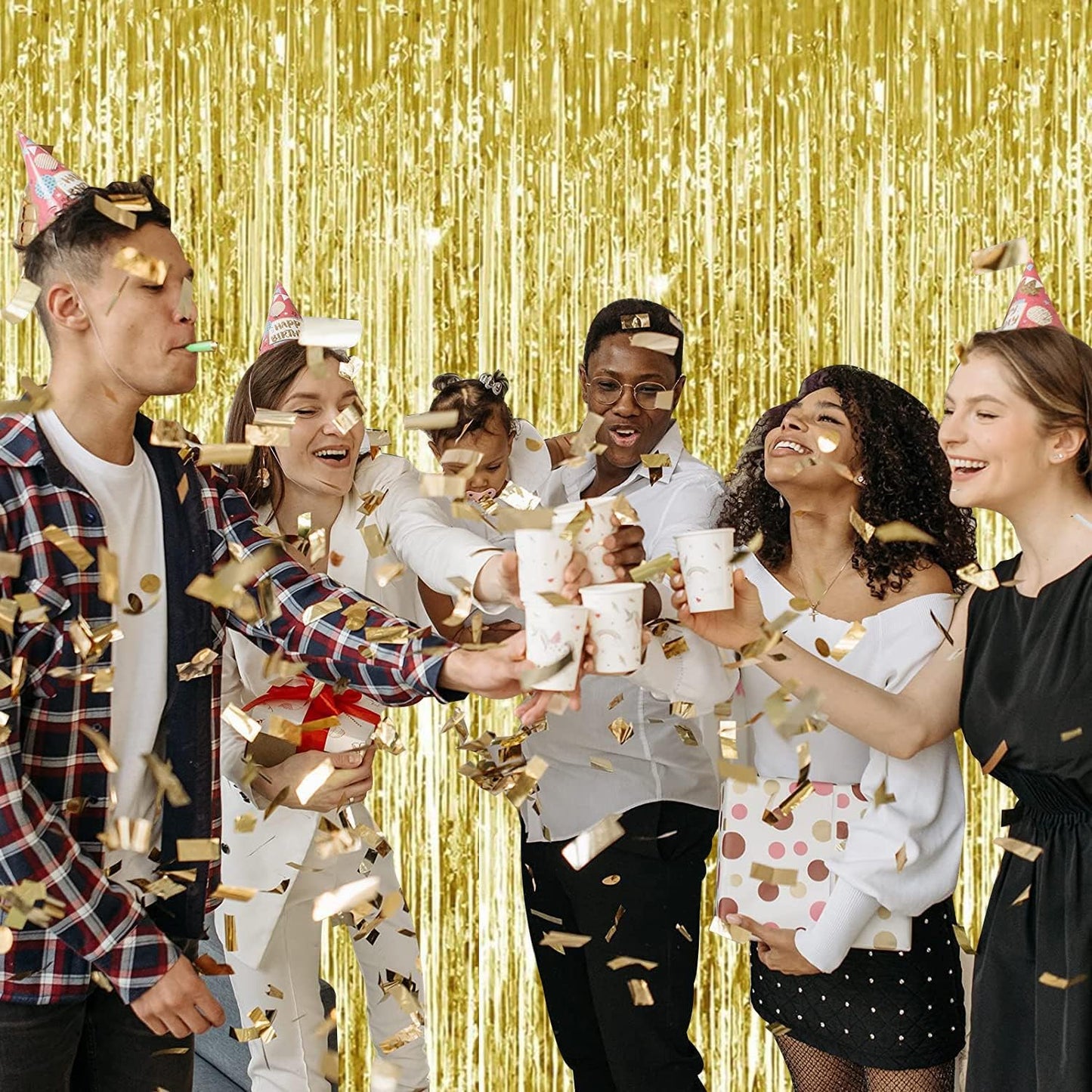 TONIFUL 2Pcs Gold Metallic Tinsel Foil Fringe Curtains,Gold Photo Booth Backdrop Streamer Curtain Photo Booth Props for Bachelorette Party,Birthday,Graduation,Christmas Decor(6.6ft x 9.9ft)