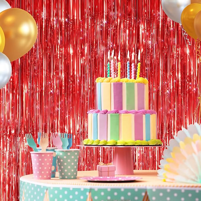 2 Pack Red Metallic Tinsel Foil Fringe Curtains, Door Streamers Photo Booth Backdrop for Birthday Party, Tinsel Curtain Backdrop for Christmas, Wedding, Anniversaries, Valentines Day Decorations