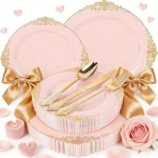 125PCS Pink and Gold Plastic Plates - Pink Disposable Plates - Vintage Plate with Gold Plastic Silverware Set for 25 Guests for Weddings Valentine's Day Parties