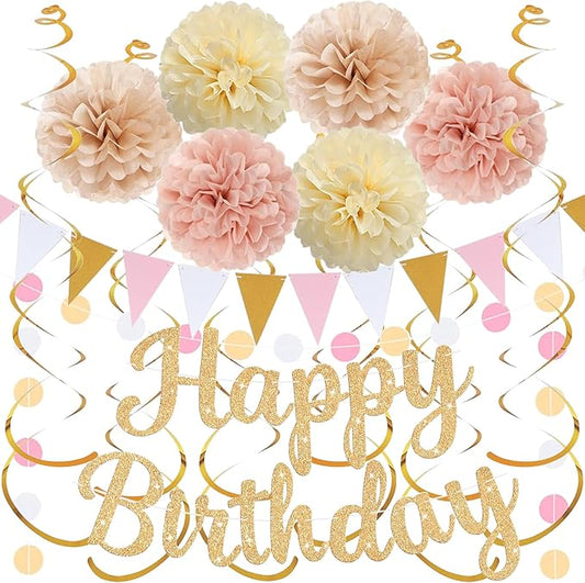 Gold Birthday Decorations, Happy Birthday Banner and Paper Pompoms, Hanging Swirls, Circle Dots Garland, Pennant Flags for Girls Women Party Decorations
