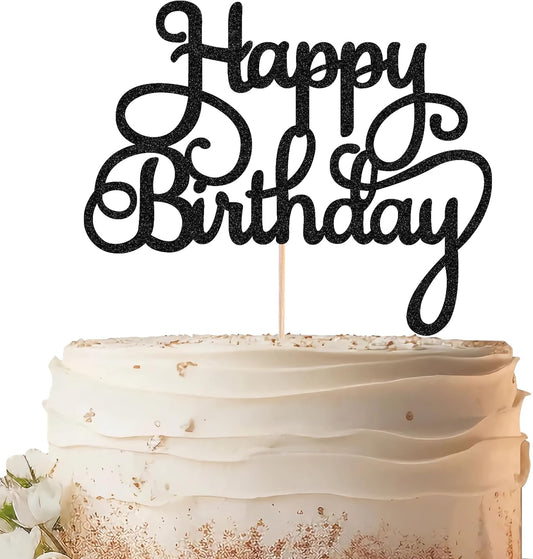 Happy Birthday Cake Topper - Black Glitter Birthday Party Cake Decoration Supplies - Happy Birthday Cake Decor, for Anniversary/Birthday Party Supplies Photo Booth Props