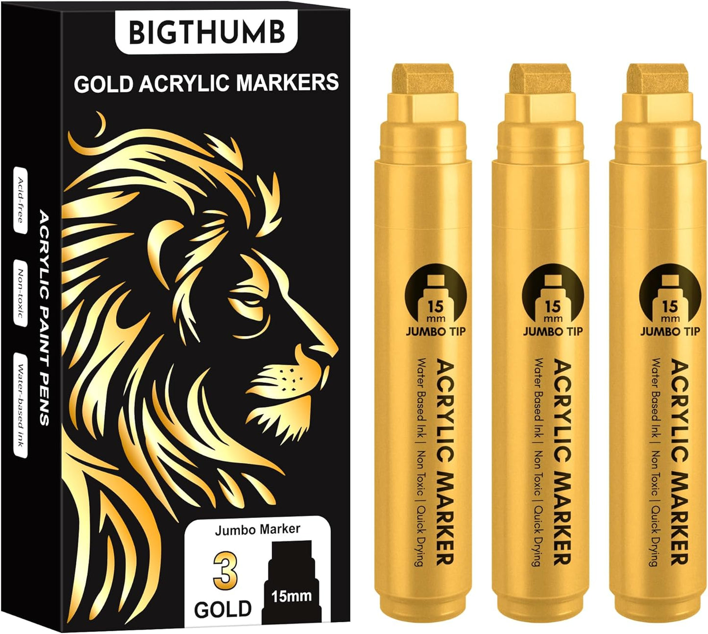 3 Pcs Gold Jumbo Permanent Markers: 15mm Wide Tip Thick Acrylic Paint Pen Large Calligraphy Marker for Rock Painting, Poster, Sign, Canvas, Glass, Wood, Ceramic