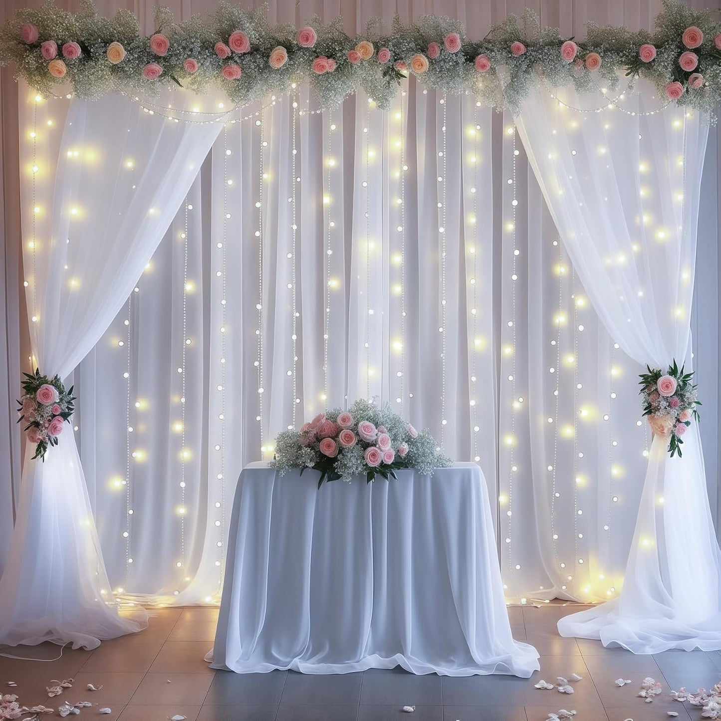 20x10ft White Tulle Backdrop Curtains with Lights for Party Wedding Baby Shower, Sheer Wrinkle Free Backdrop Curtains for Birthday Party Photo Booth Background Decoration