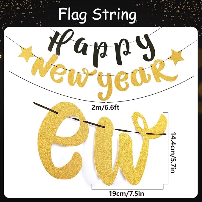 SUNBEAUTY New Years Eve Party Supplies 2026, Happy New Year Decorations Black Gold Hanging Paper Fans Tissue Pom Poms Happy New Year Banner for 2026 New Year Party Favor Supplies Decorations