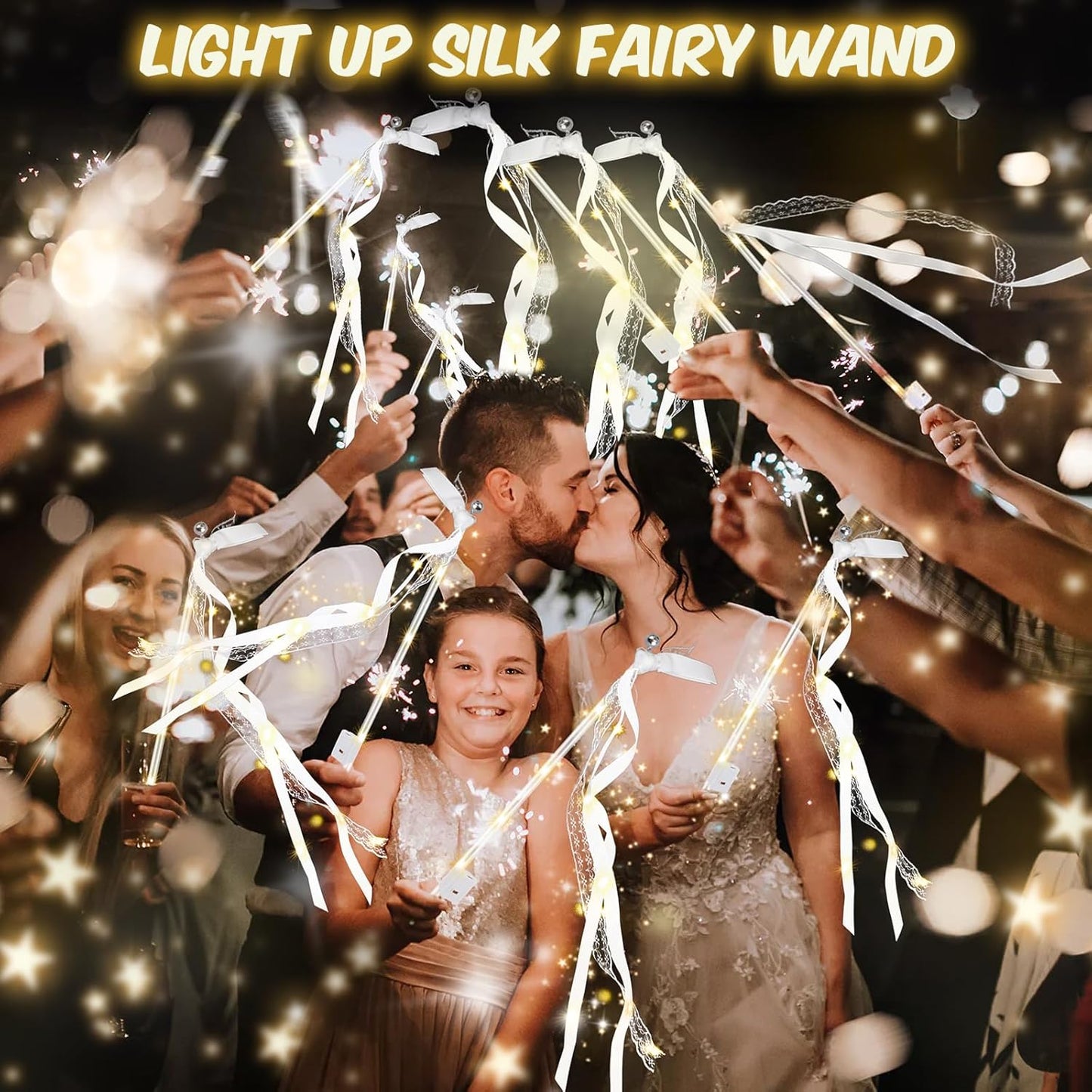 200PCS Light up Wands for wedding, Wedding Wands Streamers with 3 Colorful Flashing Modes, Fairy Wands, LED Silk Fairy Wand with Bells for Wedding, New Year, Thanksgiving, Concert