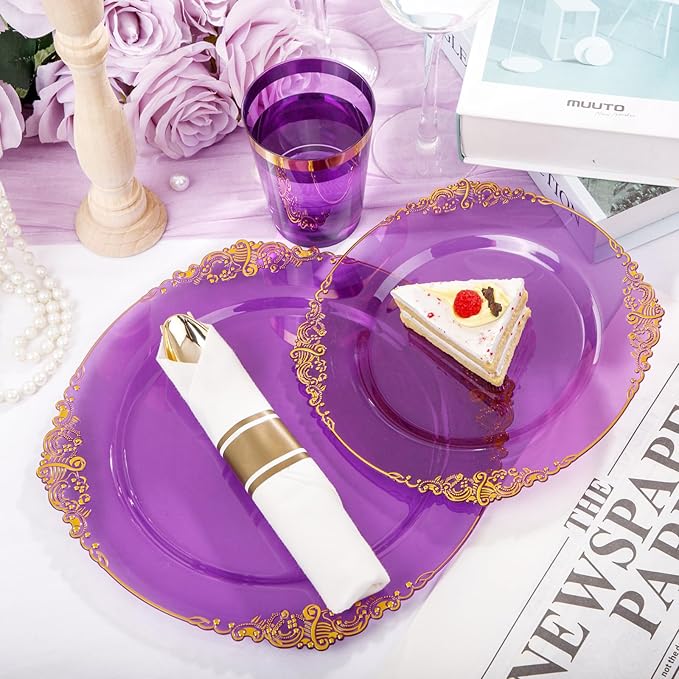 Hioasis 210pcs Purple and Gold Plates - Purple Party Plates for 30 Guest, Include 60 Heavy-duty Plates(20% Thicker Than Standard), 30 Pre Rolled gold Plastic goldware Set, 30 Cups
