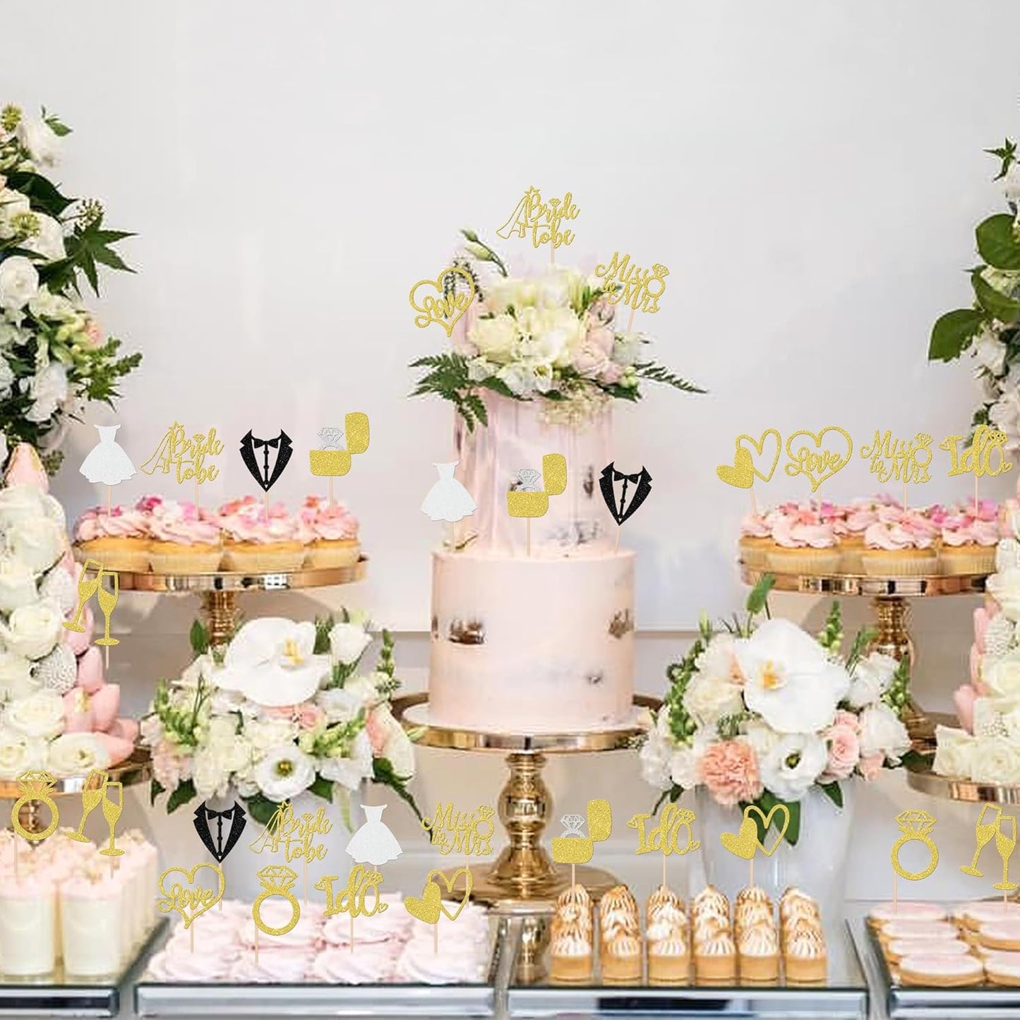 30 PCS Bride to Be Cupcake Toppers Glitter Wedding Cupcake Toppers I Do Love Heart Ring Miss to Mrs Cupcake Picks for Bridal Shower Wedding Engagement Party Cake Decorations Supplies Gold