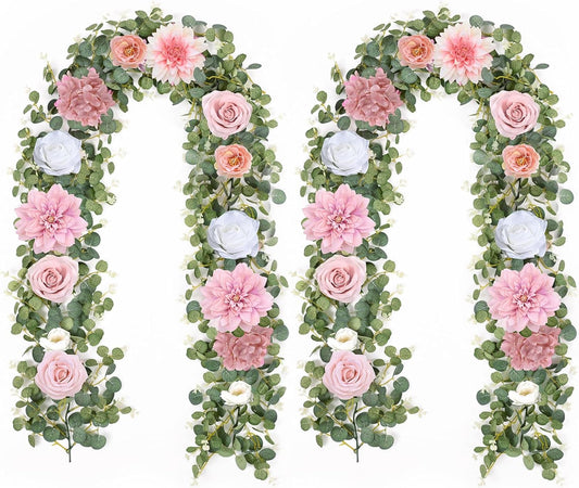 Waipfaru 2 Pcs Flower Garland, 12.14ft Eucalyptus Garland Vines with Flowers for Wedding Reception Table Mantle Spring Room Decor (Rose Pink)