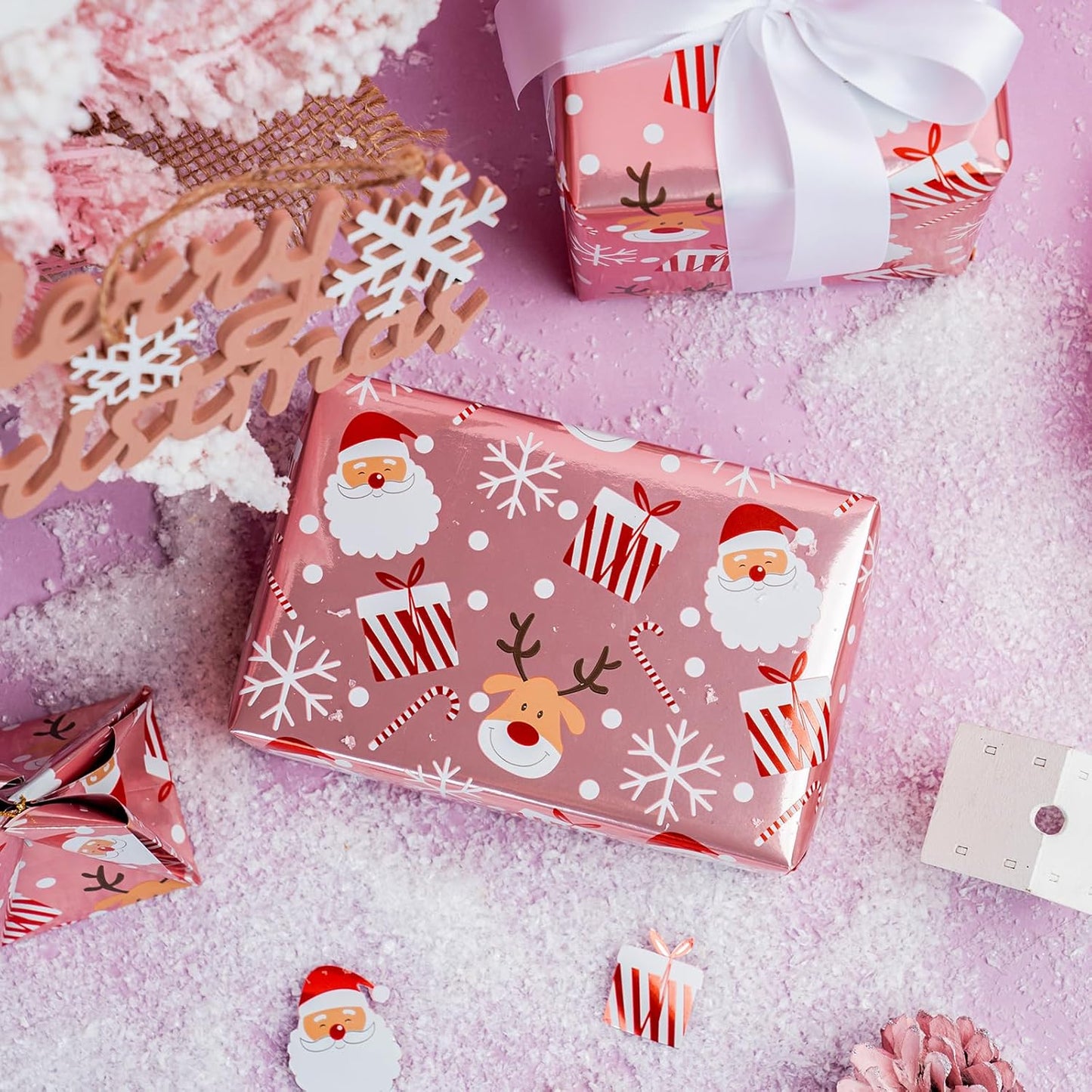 LeZakaa Christmas Pink Wrapping Paper Jumbo Roll, Santa Claus & Candy Cane, Metallic Foil, Rose Gold Foil Reversible Design for Festive Winter Holiday, Family Gathering, 30 inches x 32.8 Feet