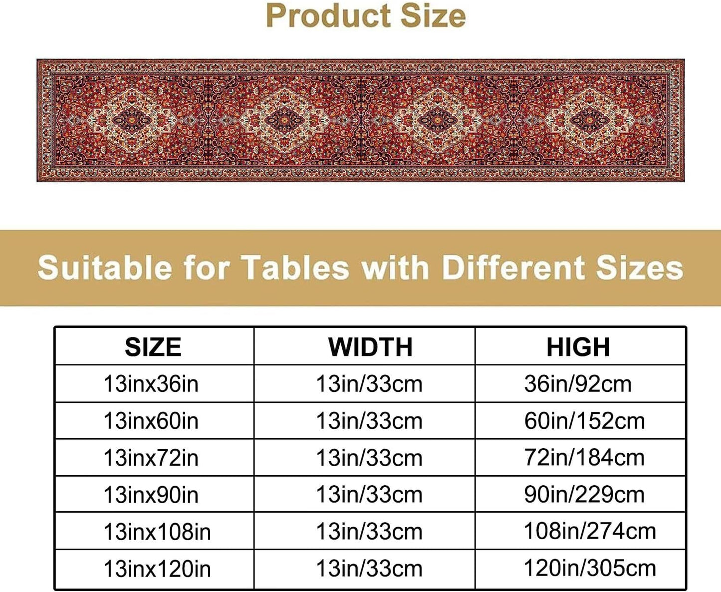 Boho Floral Vintage Table Runner, Paisley Retro Red Flower Rustic Country Farmhouse Abstract Pattern for Home Kitchen Table Decor Dining Coffee Room Party Decor 13x72in