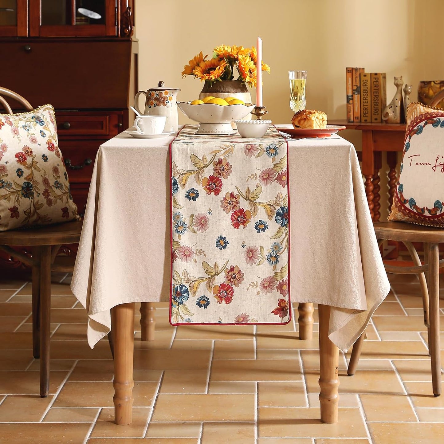 patdrea Designer Farmhouse Linen Extra Long Table Runner, Rustic Cottage Beige with Floral Pattern Fabric Table Mat, Decoration for Kitchen Dining Coffee Table Banquet Christmas , 12"*118"