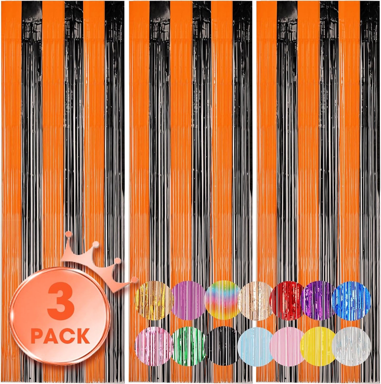 3 Pack 3.3x8.2 Feet Black and Orange Foil Fringe Backdrop Curtains, Tinsel Streamers Birthday Party Decorations, Fringe Backdrop for Graduation, Baby Shower, Gender Reveal, Disco Party