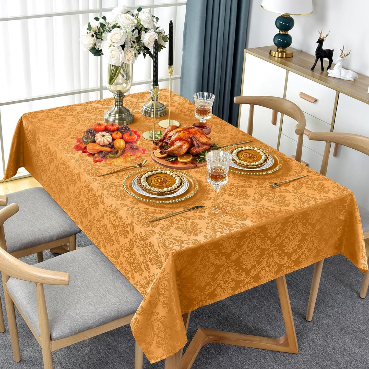 SASTYBALE Square Jacquard Tablecloth Washable Spill Proof Wrinkle Resistant Damask Table Cloth, Soft Polyester Table Cover for Kitchen Parties Farmhouse, Amber 52×52 Inch