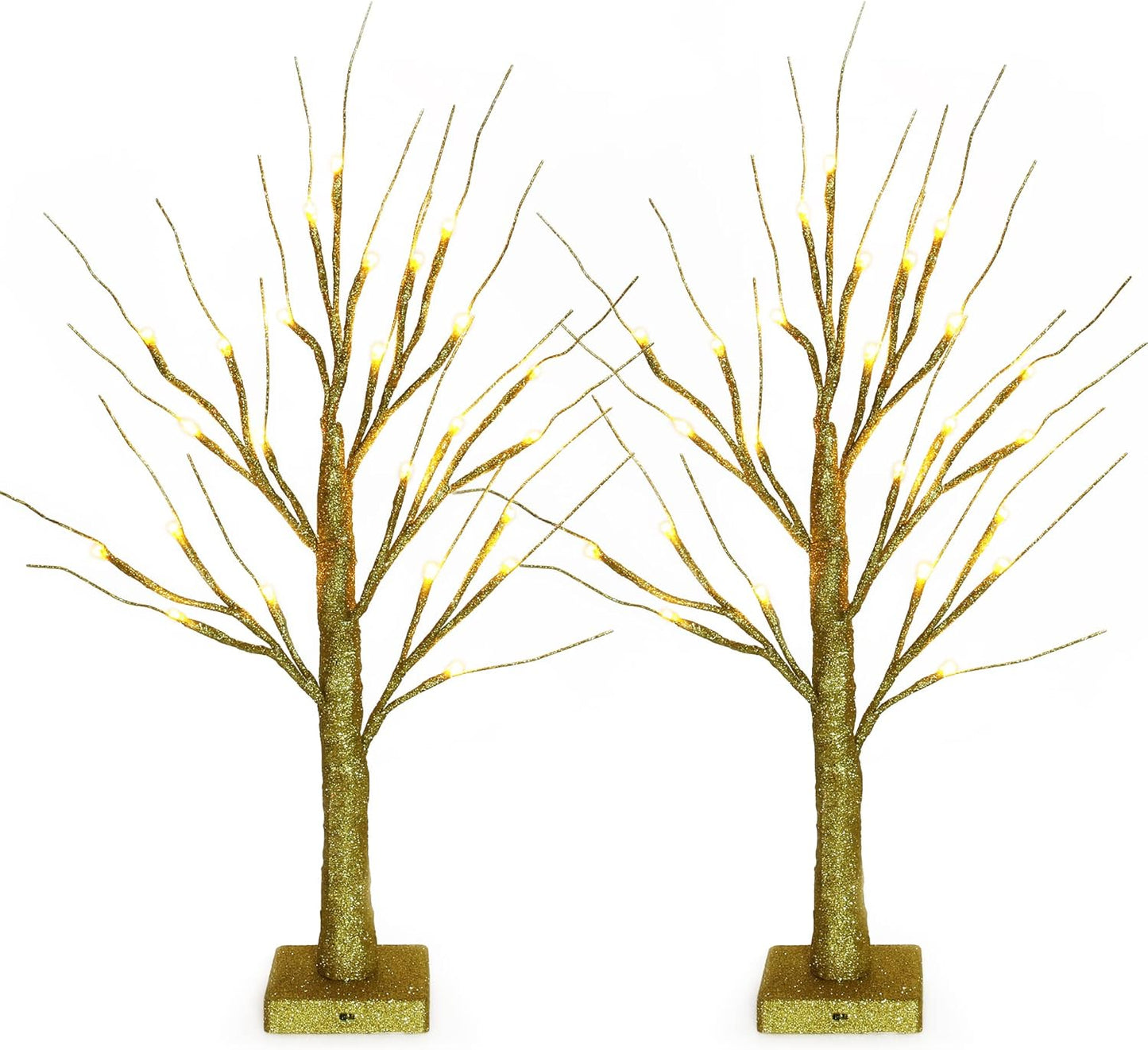 Sunnyglade 2PCS 2Ft 24 LED Birch Tree Light Fairy Tree Bonsai Tree Light Warm White for Home Wedding Festival Party Christmas Decoration (Golden)