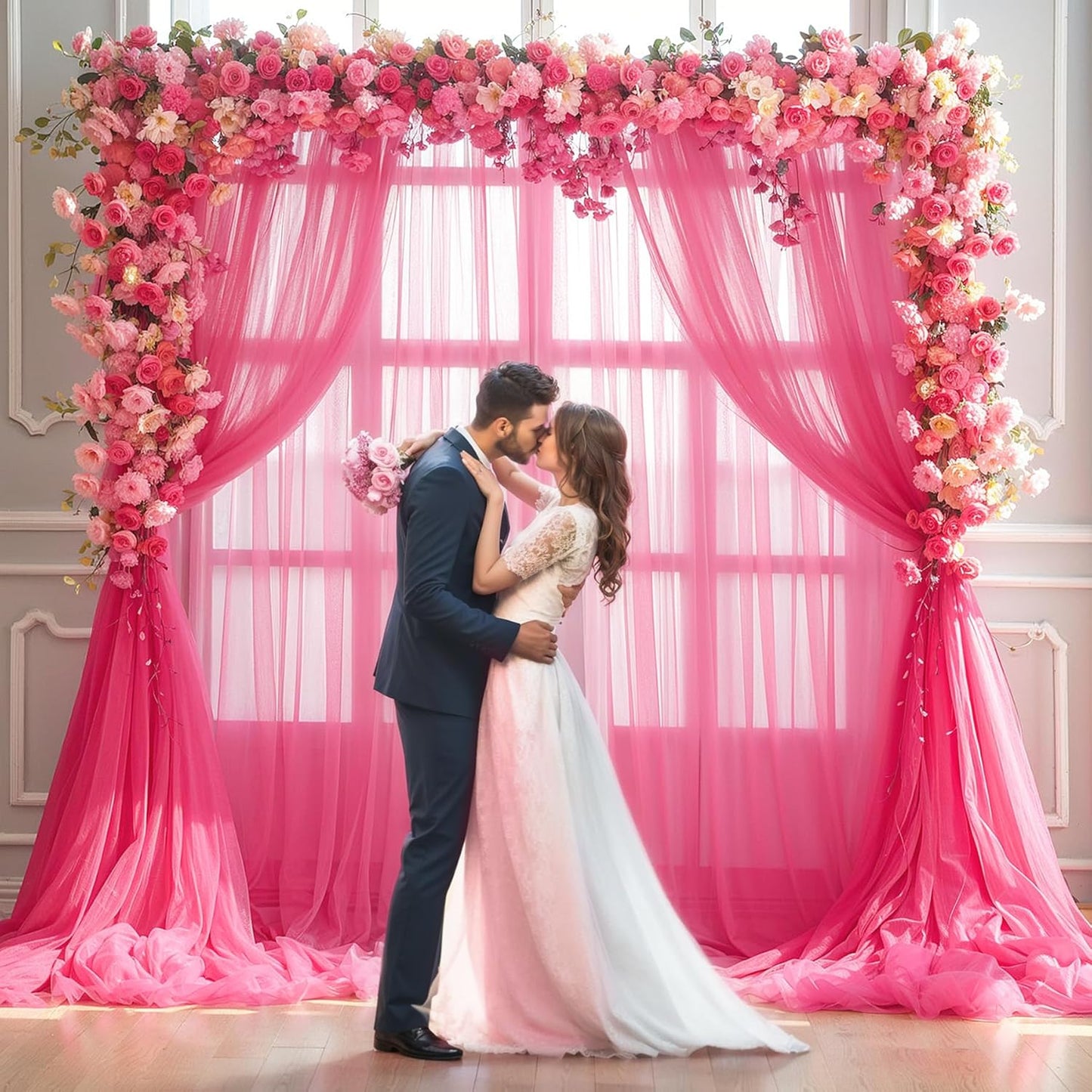 Hot Pink Tulle Backdrop Curtain for Parties 10ft x 8ft Fuchsia Sheer Backdrop Curtains for Baby Shower Birthday Wedding Bridal Shower Photo Shoot Photography Background Decorations 2 Panels 5ft x 8ft