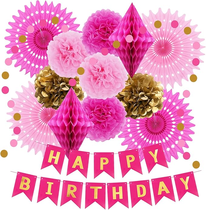 ELOPELY Hot Pink Girls Birthday Party Decoration, Tissue Pom Pom Paper Fan Rose Red Golden Happy Birthday Banner Decorations for Girls (Pink, Rose Red)