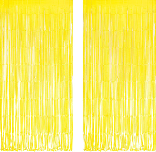 Yellow Streamers Party Backdrop - GREATRIL Foil Fringe for Pineapple/Lemon/Truck/Race Birthdays Party Decoration - 3.2ft X 8.2ft - 2 Packs