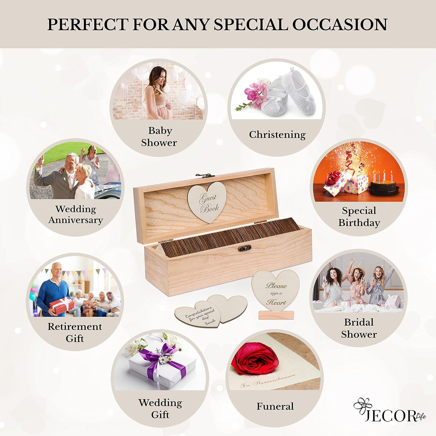 Jecor Wedding Guest Book Alternative - 98 Large Hearts - 2 Hearts Signs - Guest Book Wedding Reception, Baby & Bridal Shower, Anniversary, Birthday, Funeral - Natural