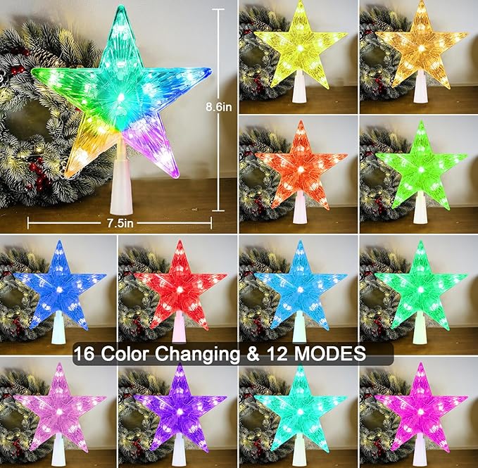 Christmas Star Tree Topper 7.5" 10 LED RGB Color Changing USB Powered Plug in 5-Point Star 3D Xmas Solid/Flash Treetop Remote Control & Timer for Christmas New Year Holiday Tree Decoration