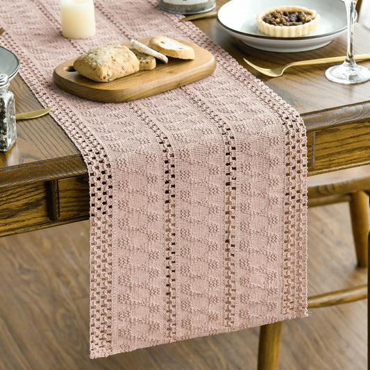 Artoid Mode Pink Farmhouse Woven Rustic Hollow Table Runner, Seasonal Holiday Hollow Kitchen Dining Table Decoration for Home Party Decor 12x48 Inch