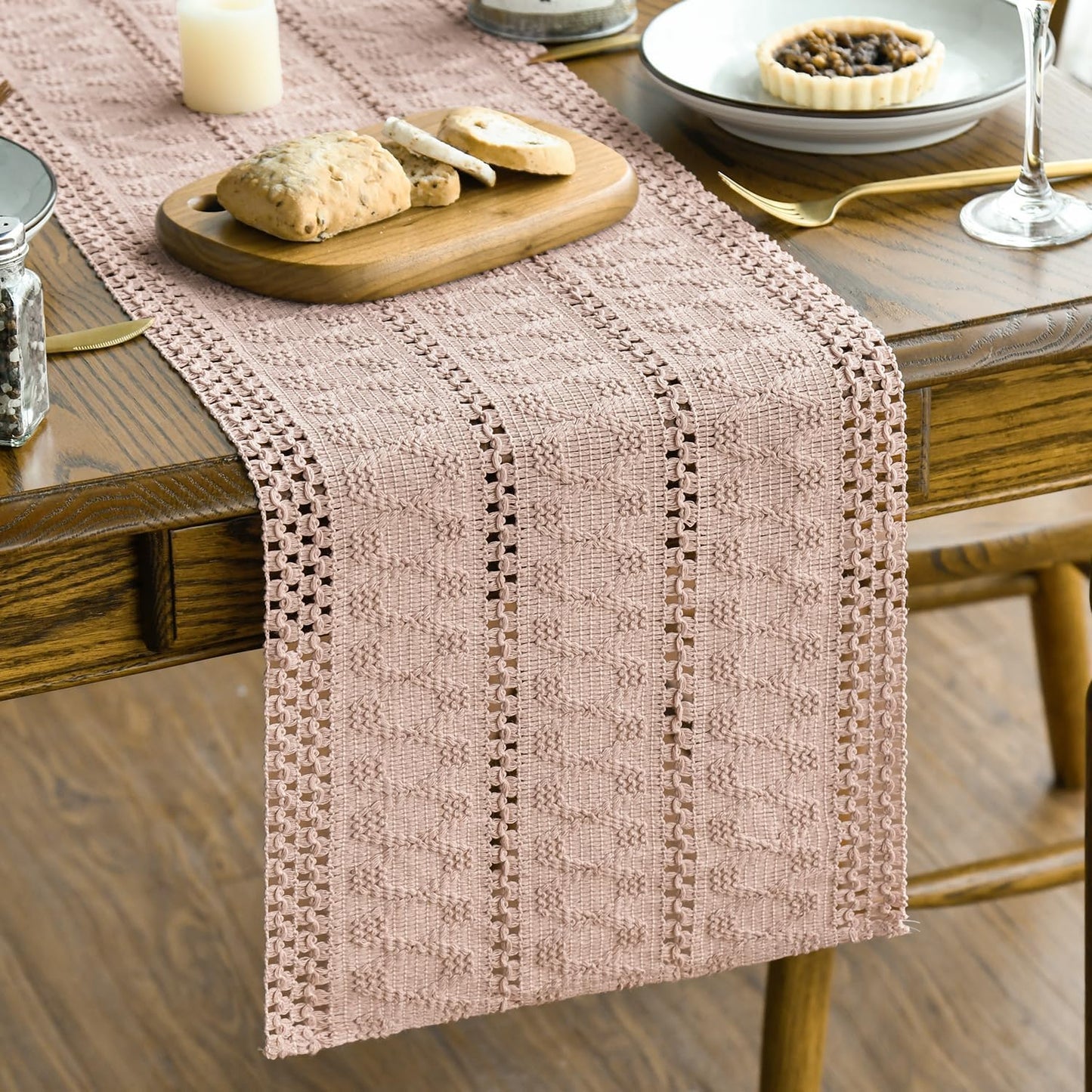Artoid Mode Pink Farmhouse Woven Rustic Hollow Table Runner, Seasonal Holiday Hollow Kitchen Dining Table Decoration for Home Party Decor 12x90 Inch
