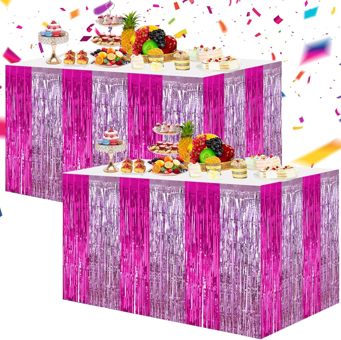 BEISHIDA 2 Pack Hot Pink Pink Table Skirts Party Decorations Purple Metallic Tinsel Foil Fringe Rectangle Round Table Skirts for Girls Birthday Holiday Valentines Party Supplies