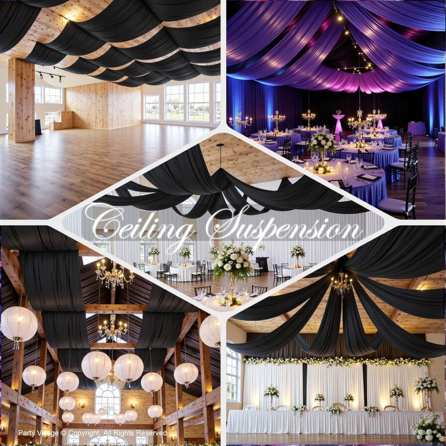 PartyVillage 2 Panels 5ftx30ft Black Ceiling Drapes for Halloween Parties – 30 FT Extra Long Thick Polyester Wrinkle-Free Drapery Tent Decor Decorations for Birthday Party Ceremony Stage Swag