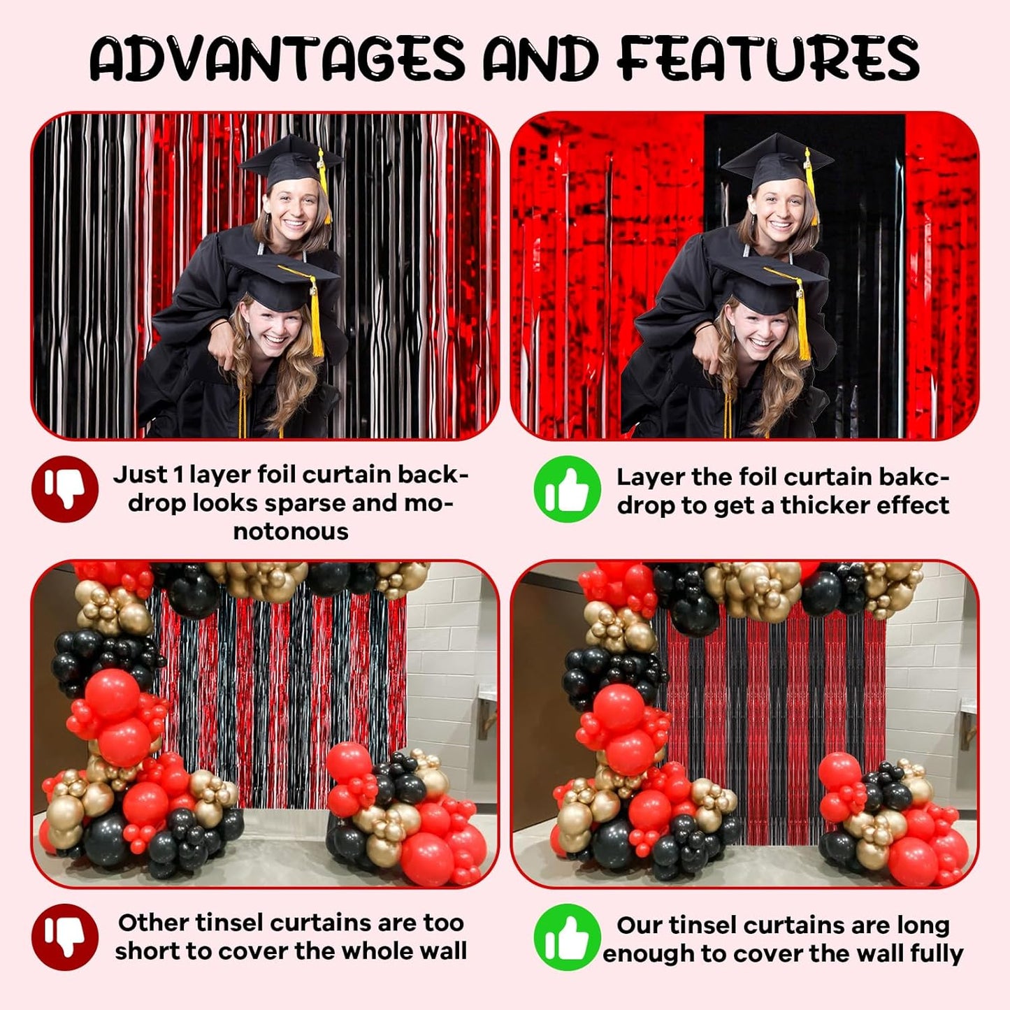 2 Pack 3.3x8.2 Feet Red and Black Foil Fringe Backdrop Curtains, Tinsel Streamers Birthday Party Decorations, Fringe Backdrop for Graduation, Movie Night, Horror Party