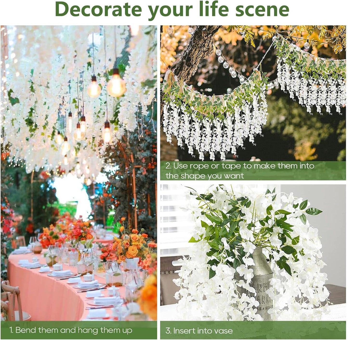 5 Pack Green White Wisteria Hanging Flowers, 3.44 Ft Fake Hanging Flowers, Artificial Wisteria Garland Vines for Wedding Room Backdrop Outdoor Patio Garden Decoration