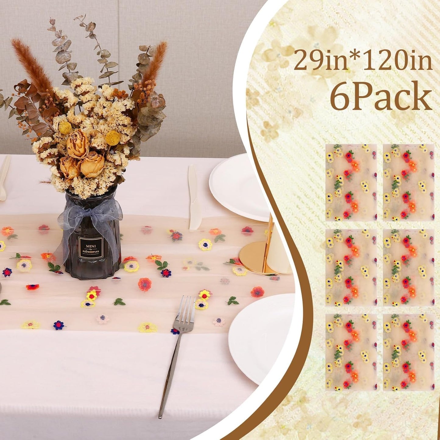 6PCS Champagne Floral Table Runner 10 FT, Embroidery Daisy Table Runners Seasonal Sheer Tulle Table Runner for Thanksgiving Wedding Birthday Baby Shower Party ﻿