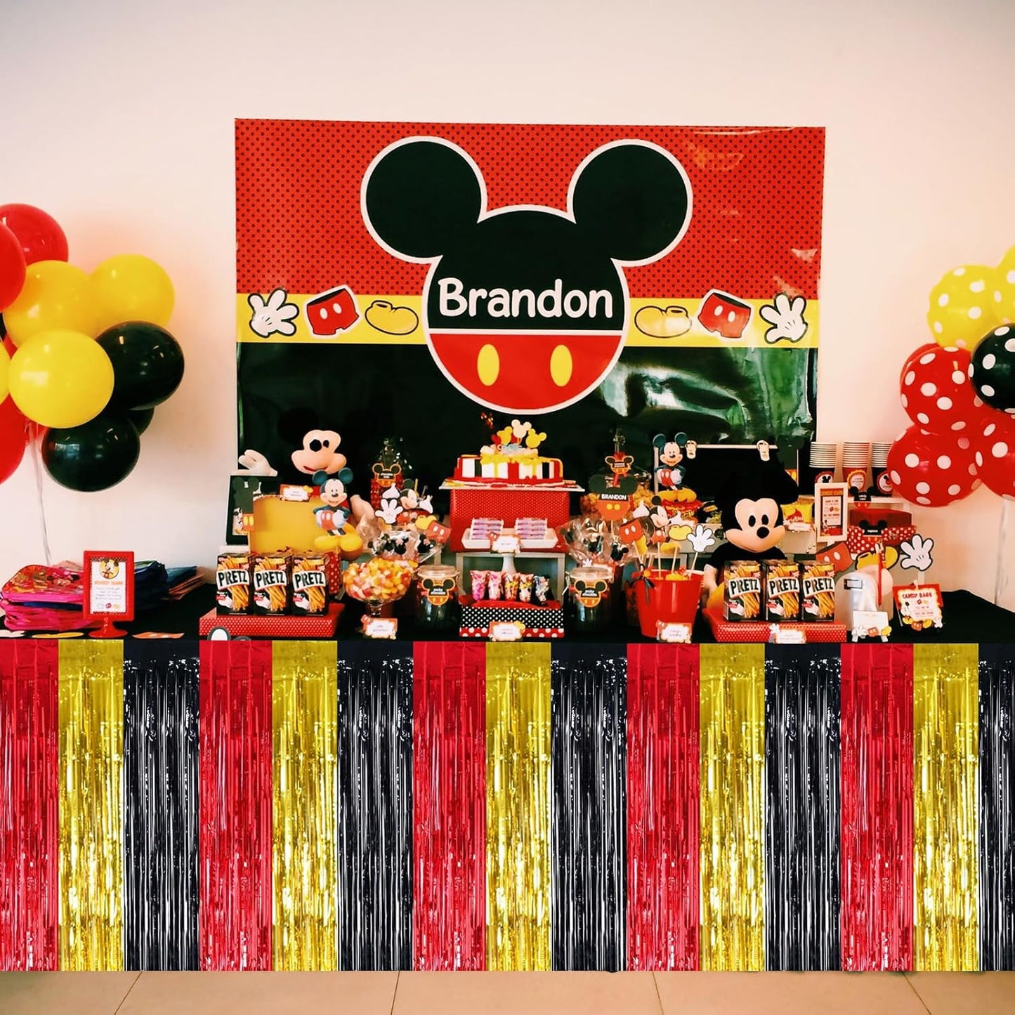 BEISHIDA 2 Pack Red Gold Black Table Skirts Party Decorations Metallic Tinsel Foil Fringe Decors for Rectangle and Round Table Graduation Casino New Year Mouse Theme Birthday Party Decorations