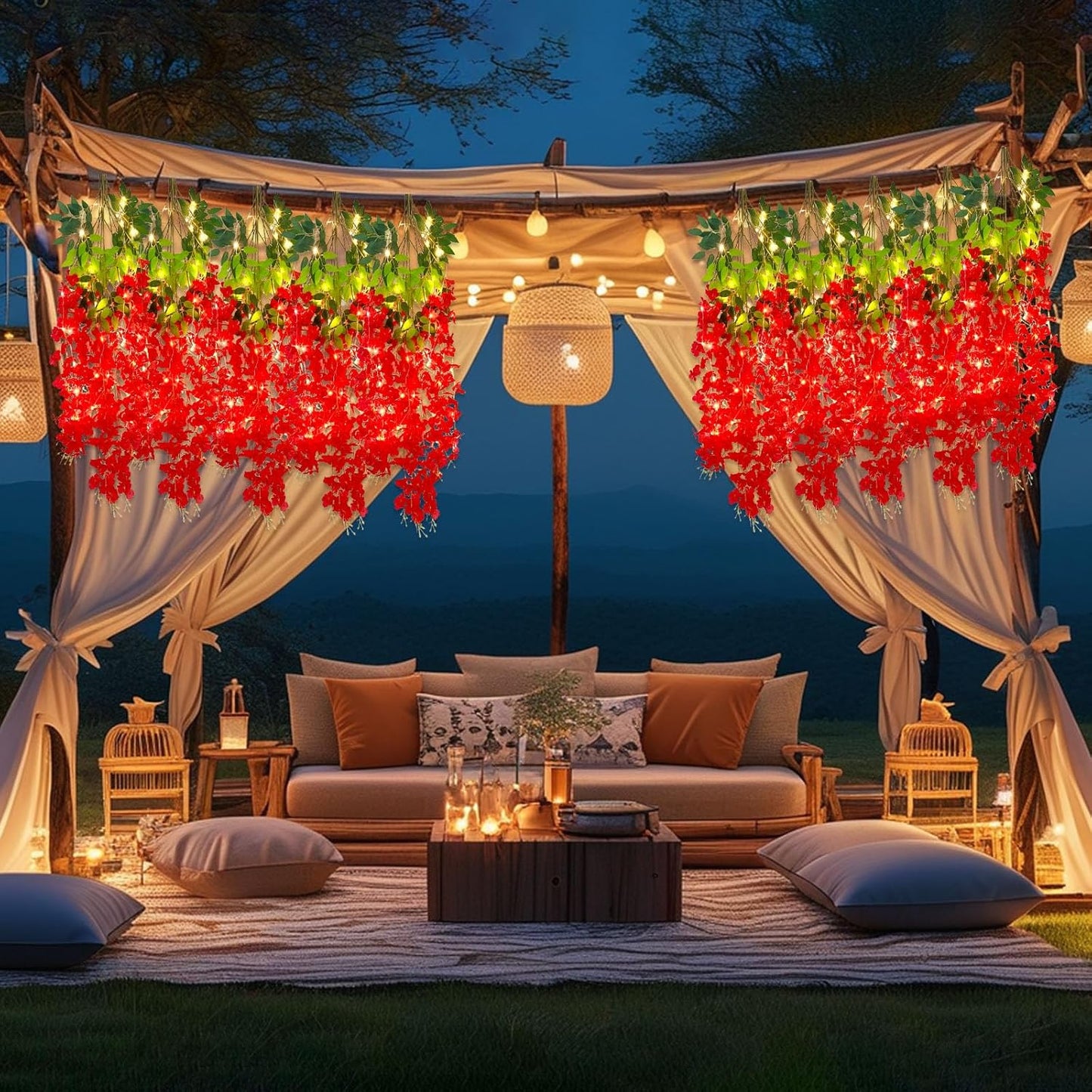 12 Pack Red Wisteria Hanging Flowers Garland with Lights, 3.44 Feet Artificial Flower Vines, Fake Wisteria, Artificial Vines Hanging Garland for Backdrop Outdoor Patio Garden Decor