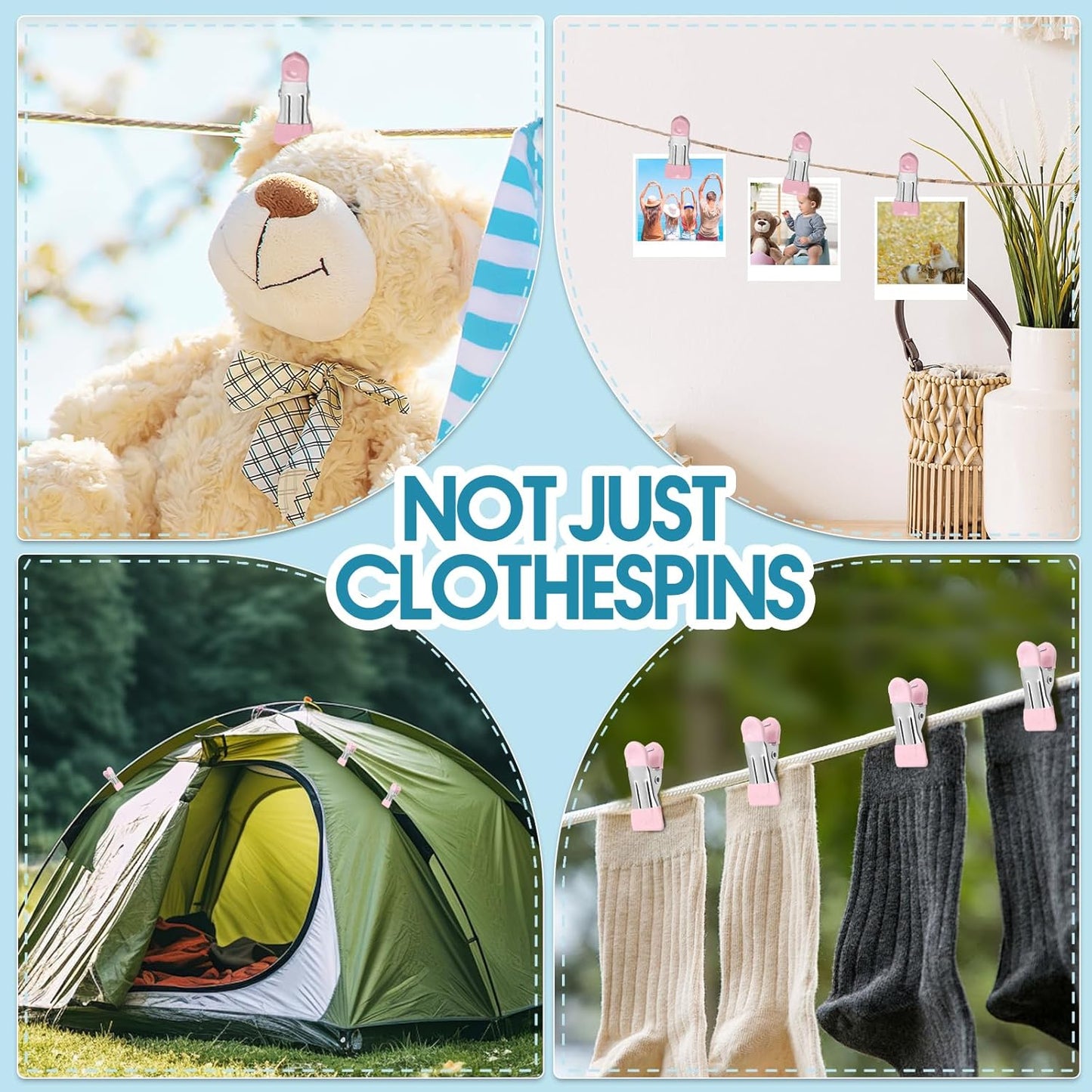 Clothes Pins Heavy Duty 30 Pack - 2.17 Inch Metal Chip Clips, Clothespins for Photo Drying Clothesline Laundry Sock, Bag Clips for Food Kitchen Stainless Steel with Rubber, Pink