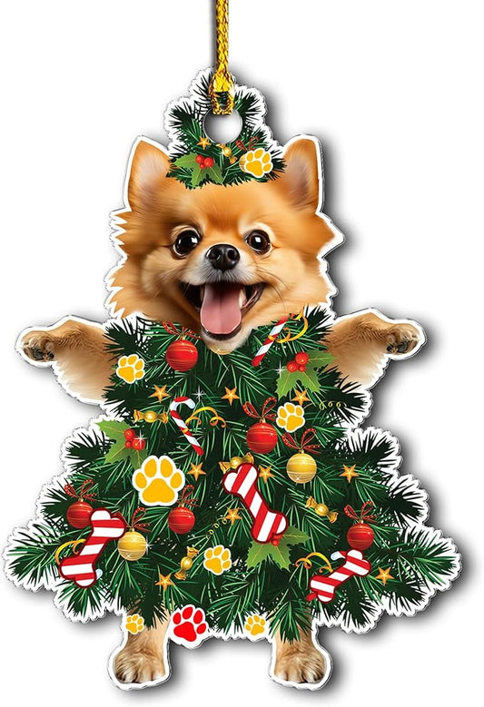 Pomeranian Dog Christmas Ornament - Adorable Dressed as a Christmas Tree - Festive Acrylic Decoration (Pomeranian Xmas Tree)