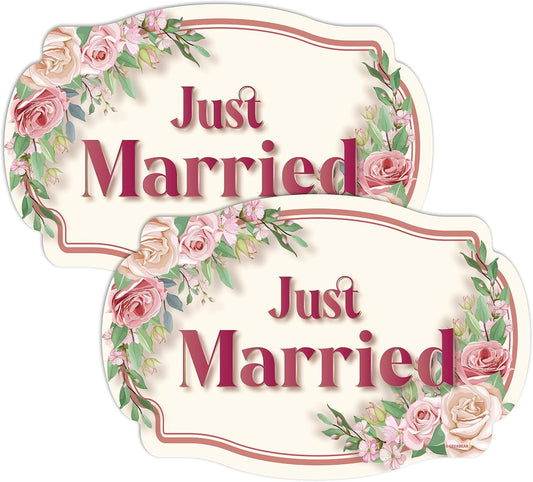 GEEKBEAR Just Got Married Car Magnet (2 Pack) - 13 x 8.7 in (Beige Rose)