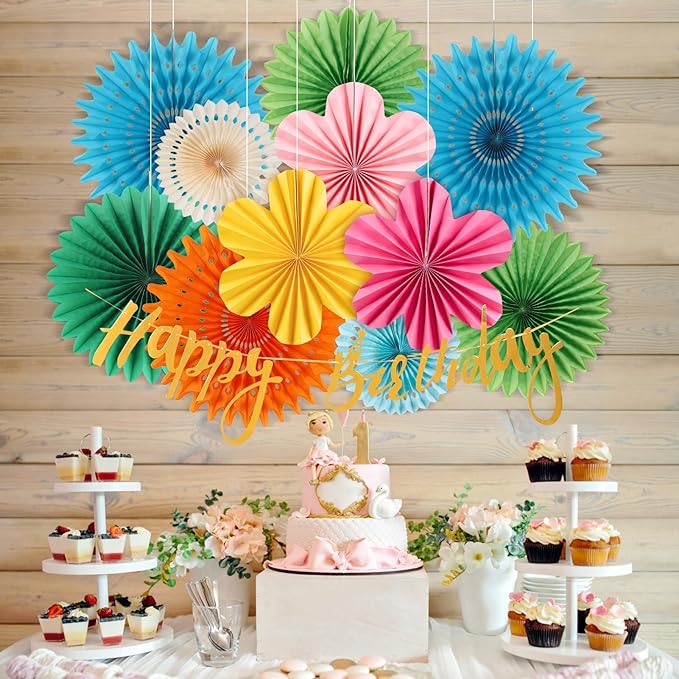 PAPER JAZZ Flowers Paper Birthday Party Decorations Happy Birthday Banners Red and Blue Paper Fans Classroom Decor Flower Wall Decor Hanging Ceiling Decorations