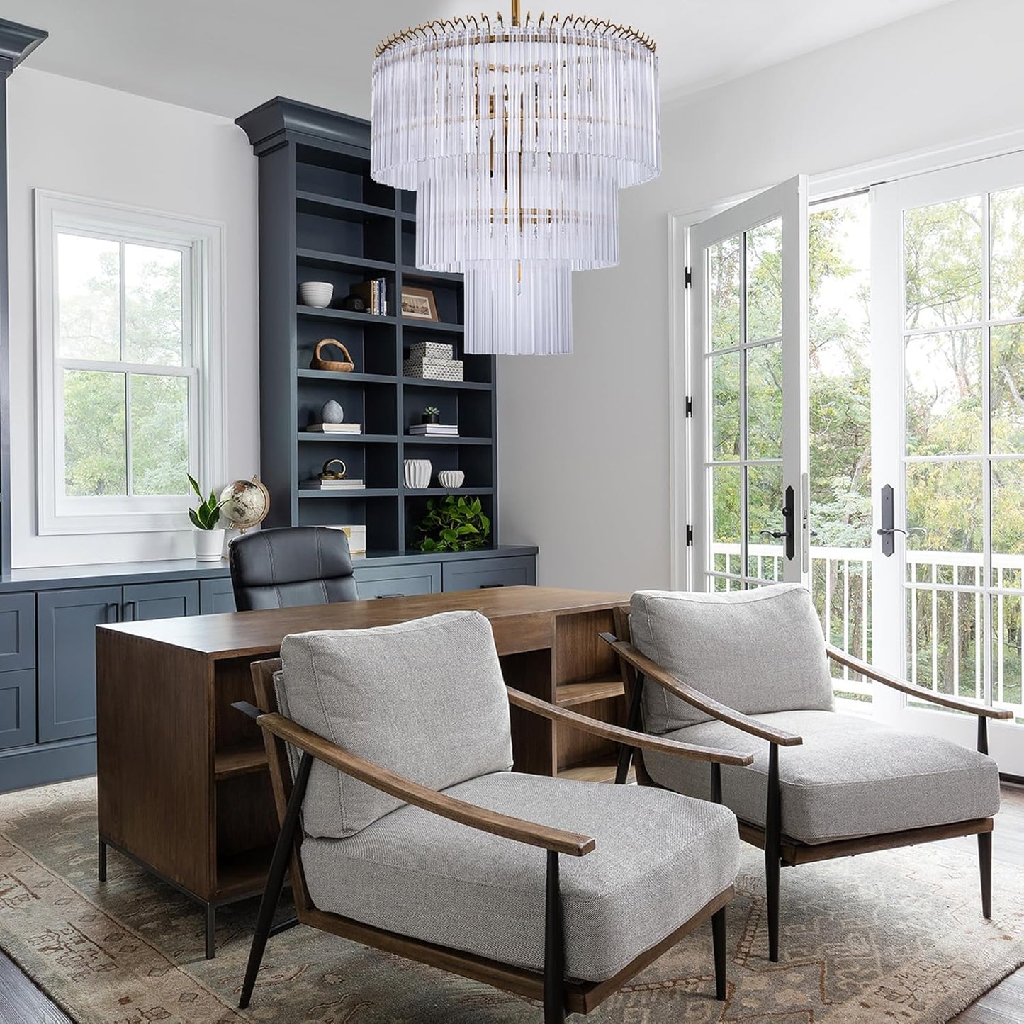 Wellmet 20 inch Crystal Chandelier, Contemporary Modern Bathroom Chandeliers, 7-Light Adjustable Hanging Round Glass Ceiling Light for Bedroom, Entryway, Dining Room, Foyer (Glass Tube)