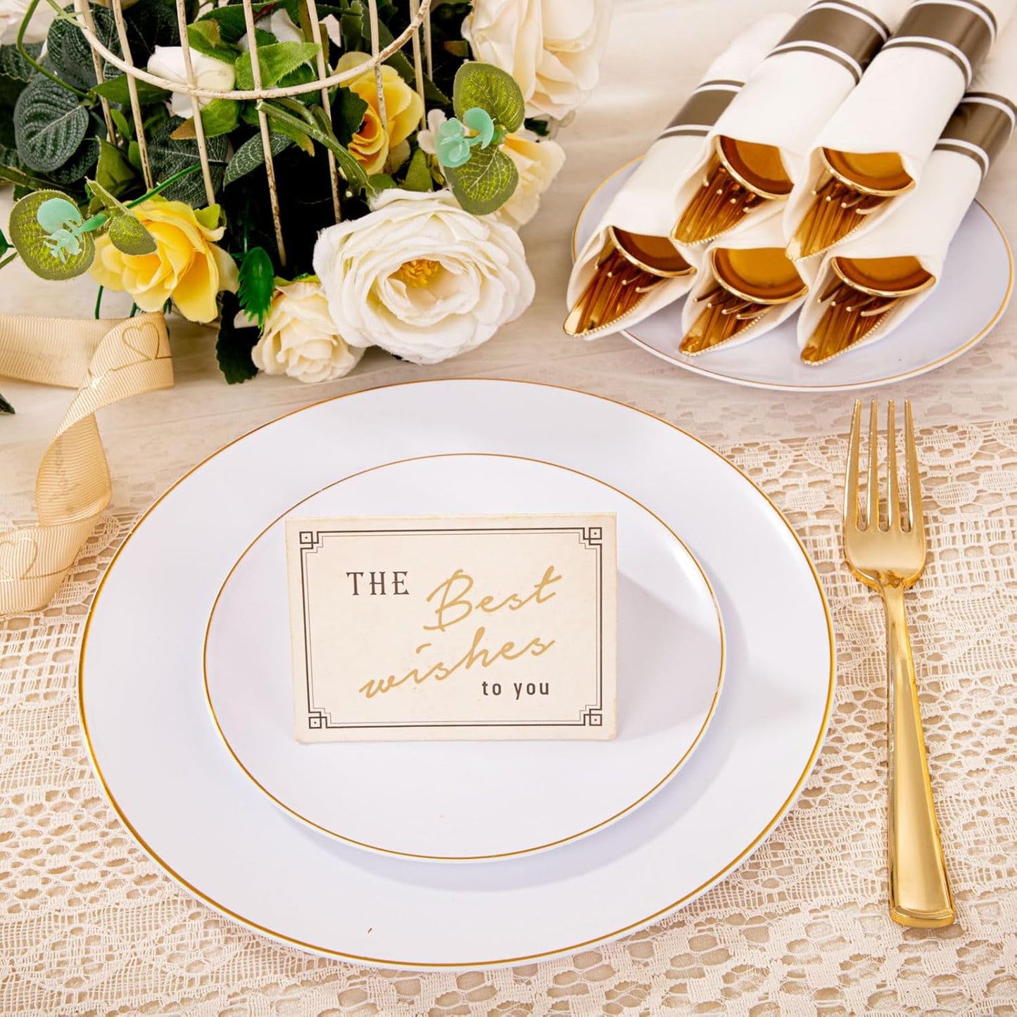 KIRE 350 PCS White and Gold Plates Disposable - Elegant Dinnerware Set of 50 Guest, White Plastic Plates With Gold Rim, Pre Rolled Napkins with Silverware & Cups for Thanksgiving Party/Wedding