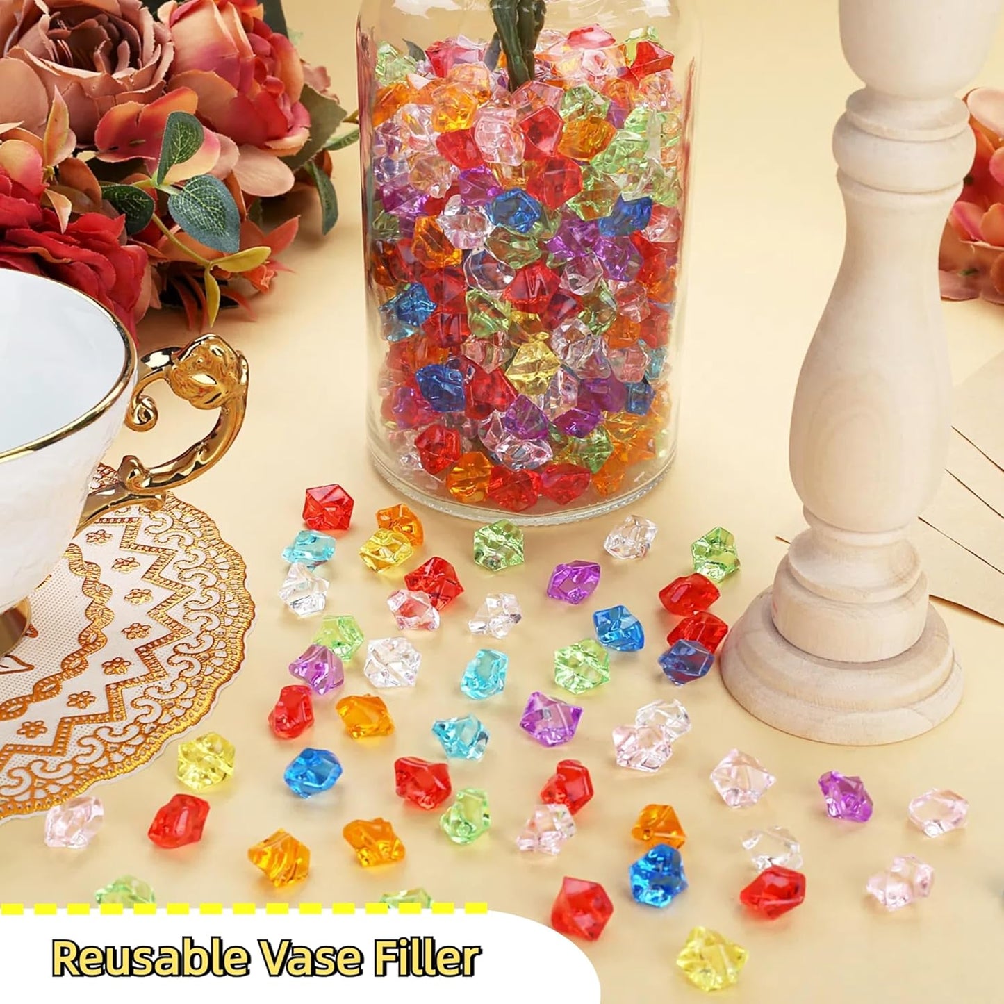 YATOJUZI 500pcs Fake Ice Cubes Acrylic Gems Gemstones Multicolor Vase Filler Crushed Rocks Plastic Diamonds Crystals for DIY Party Wedding Centerpiece Table Scatter Prop Display 0.5" (Random Color)