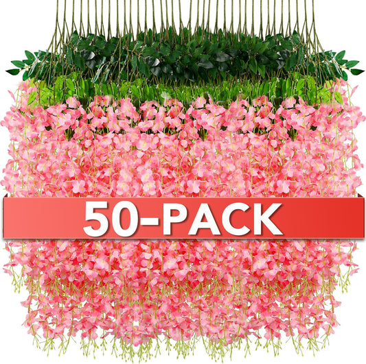 Wisteria Hanging Flowers,Fake Hanging Flowers,Wisteria artificiales Garland for Home Wedding Arch Floral Party Garden Ceremony Outdoor Decor,3.6 feet Long(50,Pink)
